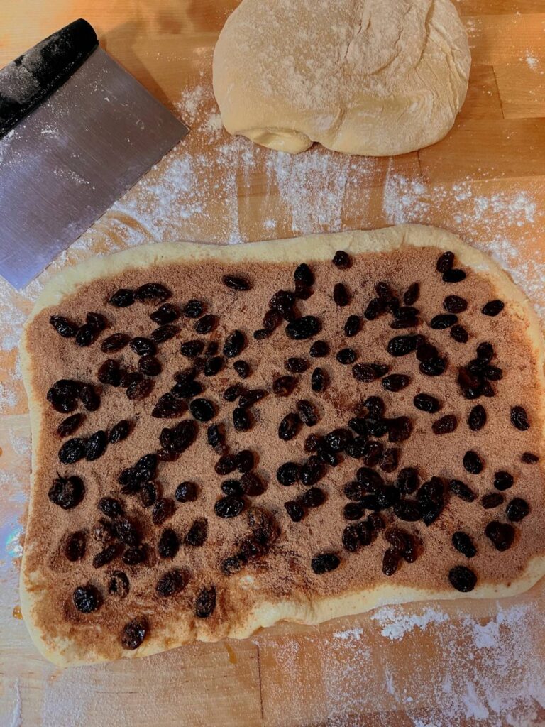 A rectangle of dough covered in cinnamon sugar and raisins. 