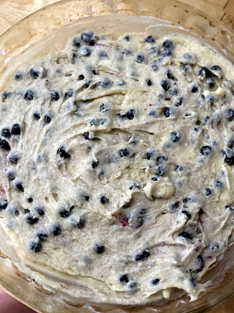 A round glass pan full of sourdough cake batter filled with blueberries.
