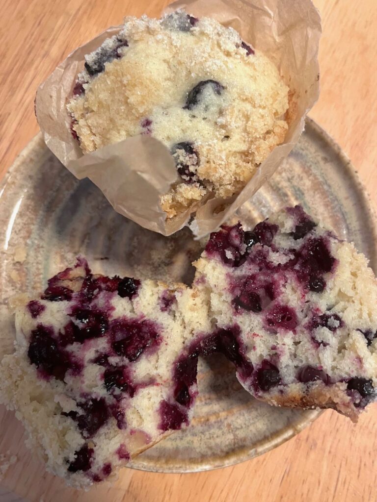 A blueberry muffin on a small plate next to another muffin that is cut in half.