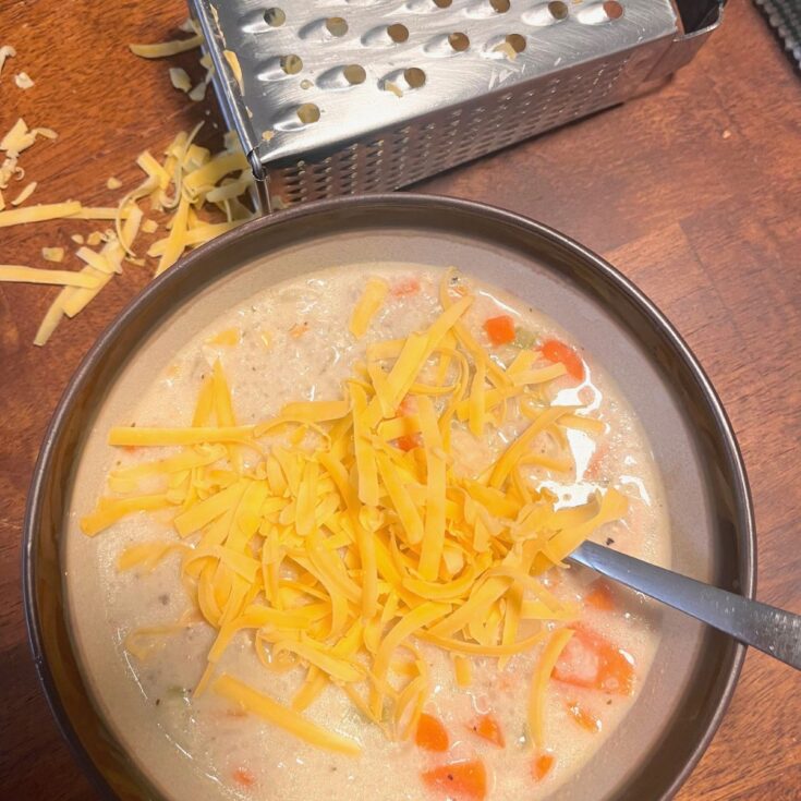 A bowl of cream of chicken soup topped with cheese next to a cheese grater.